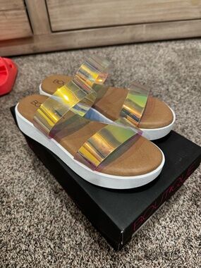 Iridescent Double Strap Slide Sandals - Gold Tone